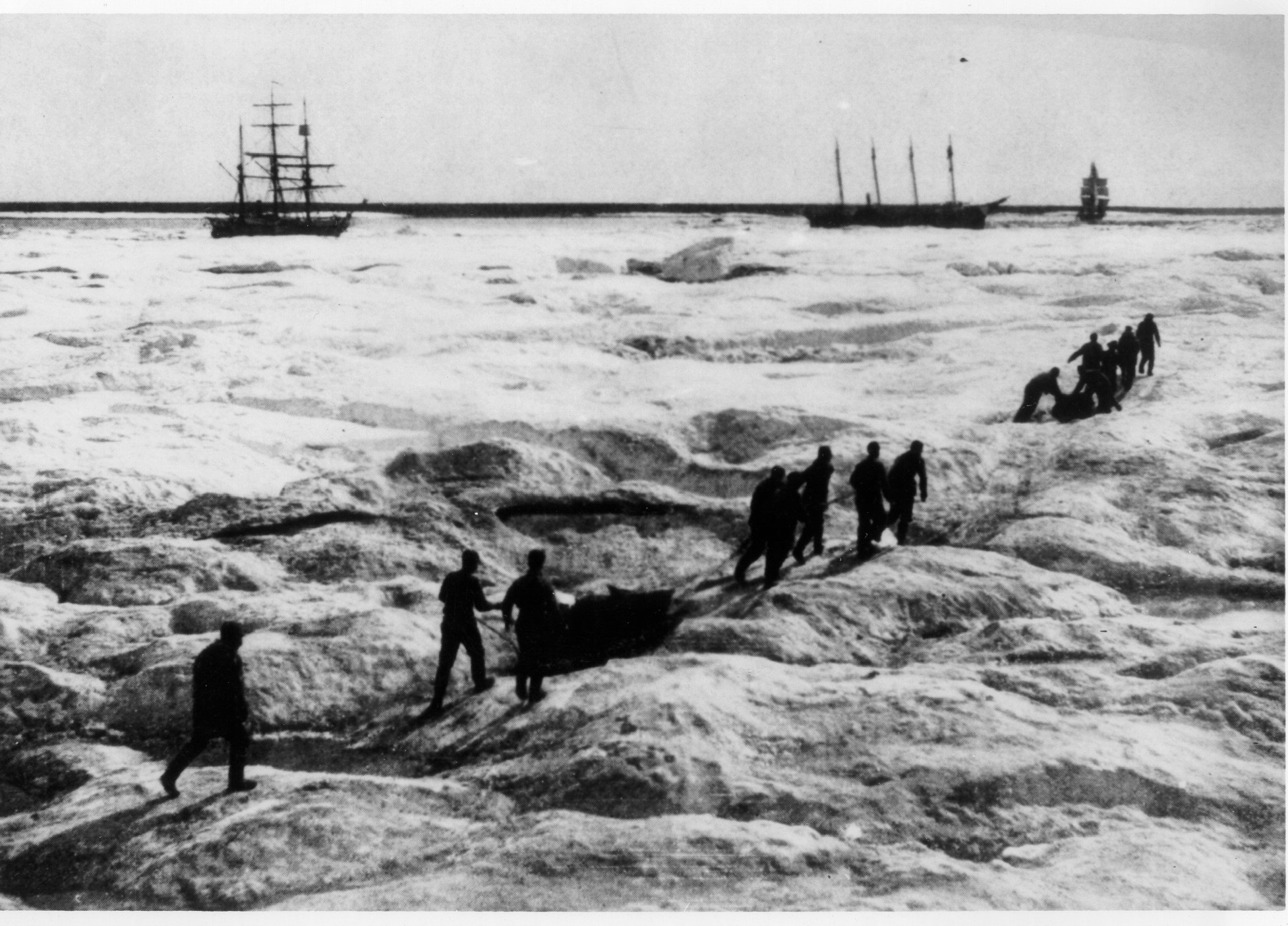 Iconic photograph of the Overland Rescue Expedition nearing the whalers stranded at Point Barrow, Alaska. (U.S. Coast Guard) Iconic photograph of the Overland Rescue Expedition nearing the whalers stranded at Point Barrow, Alaska. (U.S. Coast Guard)